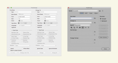 A software dialog box on the left from Quark showing its Find/Change window. On the right is Adobe InDesign’s software dialog Find/Change window.