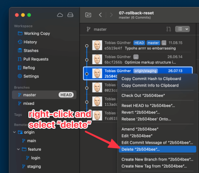 Deleting a commit in a GUI