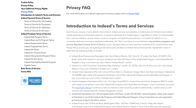 Indeed Legal page with info on cookies, privacy, California user rights and terms of service