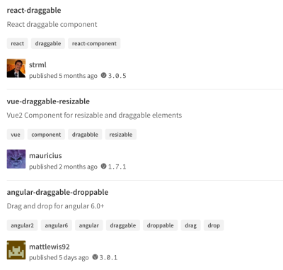 A screenshot from npmjs.com showing components that do that same thing built exclusively for particular javascript frameworks.