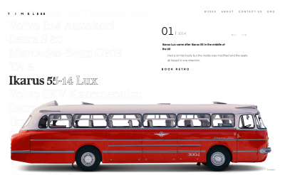 A screenshot of the Estonian Timeless.ee landinge page showing a trolley bus named Ikarus 55-14 Lux in which the title is half-filled in black color indicating the how many seconds left until the next trolley bus is presented