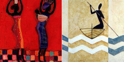 Masson-Magalie3, the image is divided into two parts: on the left, two african women are carrying something on the their heads and supporting those with both hands, one of them has a basket behind her back and a child in it, red background. On the right, a man’s figure in the boat with a stick-like paddle on the beige background