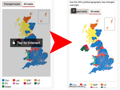 Screenshot of map example as before, but full screen mode is buggy. Text from the surrounding article is visible where it shouldn't be.