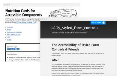 A screenshot of homepage for the a11y Styled Form Controls website placed over a screenshot of the Nutrition Cards for Accessible Components website.