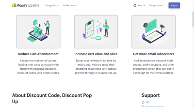 The Shopify app page for Discount Code, Discount Pop Up includes attractive companion graphics for its features and benefits