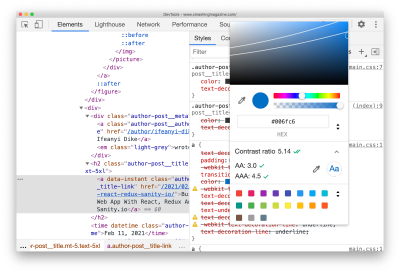 In Chrome, Edge, when choosing a color, a little helper shows the boundary you need to cross to get to an AA/AAA grade.