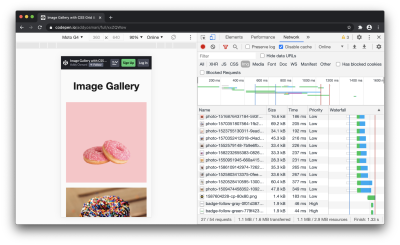 An image gallery eagerly loading all the images it needs upfront, as shown in the Chrome DevTools Network panel. 1.1 MB of images have been downloaded, despite only a small number being visible when the user first lands on the page. 