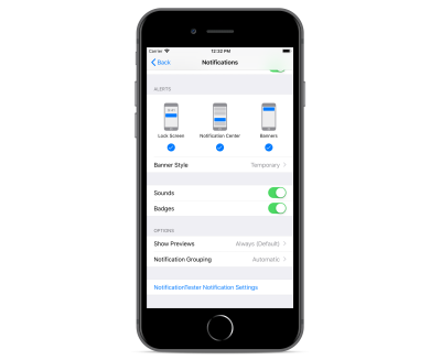 iPhone 8 Plus shown with system Settings app open with Notifications screen for NotificationTester app.