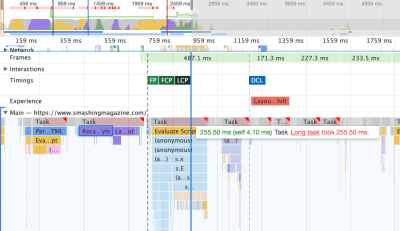 A screenshot of the performance panel in DevTools showing JavaScript chunks that were still heavy enough to block the main thread