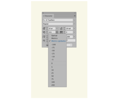 A software screengrab of Adobe InDesign’s Character window, with a new option below ‘optics’ and ‘metrics’ window which says ‘metrics (globally)’.