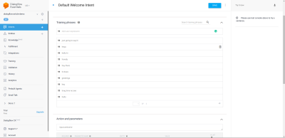 The Default Fallback intent page with the default added Training phrases listed