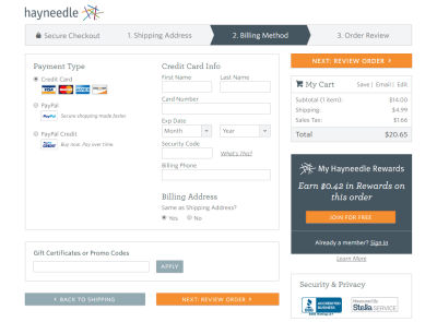 Checkout process from Hayneedle
