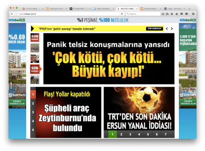 A screenshot of a Turkish website named Milliyet with vibrant colors and large font size