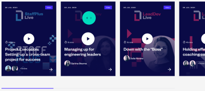 The LeadDev website shows a different kind of carousel in which an icon is shown with both left and right arrows along with a horizontal bar underneath