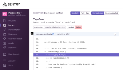  A screenshot taken from Sentry’s online sandbox of a TypeError. An error message reads: Cannot read property func of undefined. Below the error is a stack trace of where the exception was thrown