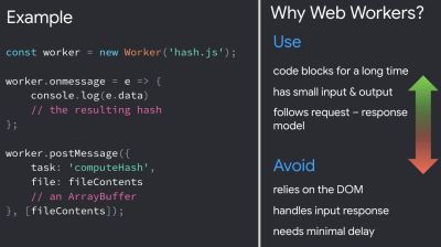 Code in DOM shown on the left as an example of what to use and avoid when using web workers