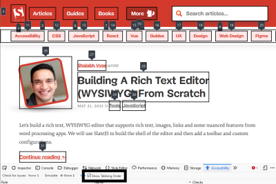 Firefox feature to label all focusable elements enabled on the Smashing Magazine page