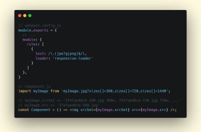 A screenshot of a terminal showing how the webpack loader named responsive-loader can be used to help you generate responsive images out of the box