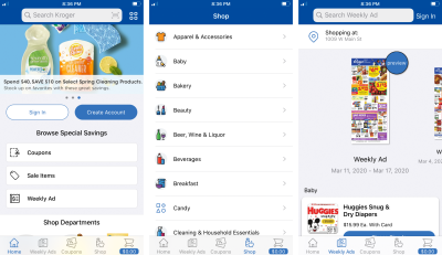 Three screenshots from the redesigned Kroger app, including the home section, shop section, and weekly ads.