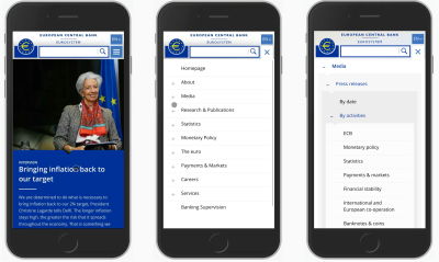 Three mobile versions of the European Central Bank website