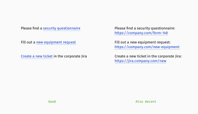 A comparison of the links embedded into meaningful phrases (on the left, shown as ‘good’) and links exposing short URLs (right, shown as ‘also decent’)