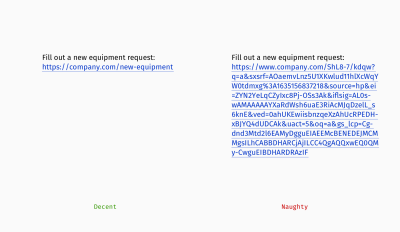 A comparison of a ‘decent’ way to use shortened links (on the left) and a ‘naughty’ way that don’t look quite that good and use up too much space