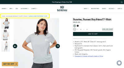 Tentree e-commerce product page with breadcrumbs pointing back to “Sustainable Women’s T-Shirts & Tanks” category