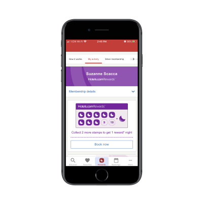 Hotels.com mobile app “Rewards” tab with hotel night stamps