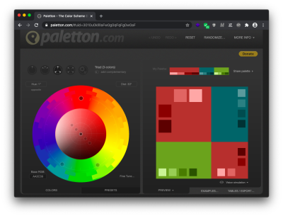 Color wheel with the established triadic scheme: variation of green, blue and red.