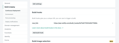 A visual reference for the Netlify Admin’s build hook setup