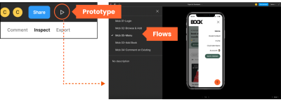 the play button at the corner of a design file and Prototype on the right