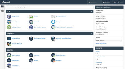 Screenshot of the cPanel dashboard