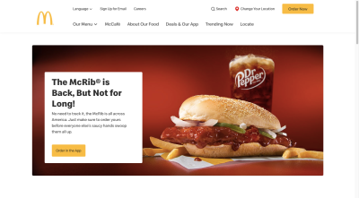 A screenshot of the McDonald’s website advertising the return of the McRib sandwich