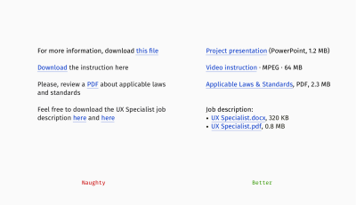 A comparison of four “ ” ‘naughty’ phrases shown on the left and “ ” ‘better’ ones on the right that tell more about the file format and size