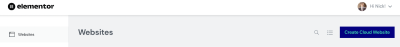 Elementor admin panel showing a large button named “Create Cloud Website” at the top right corner of the page