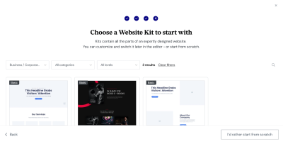 Choosing a website kit to start with or the option to start from the scratch