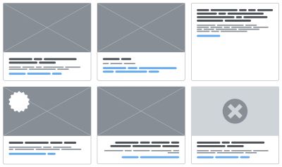 A wireframe card component showing 6 variations. There are varying lengths of content for the headline, description, and call to action links. Things like the hero photo and badges are also added and removed.