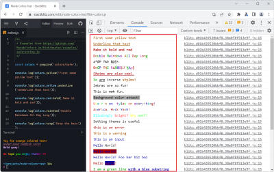 Console tool in Chrome DevTools, showing a lot of colorful console logs