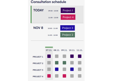 A large calendar app divided into two elements: a list element and a table element 