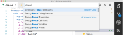 vs code command palette showing live share focus command