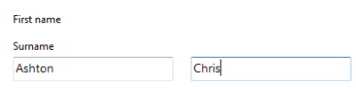 Screenshot of first name label, surname label, and then two empty input fields, no clear visual hierarchy