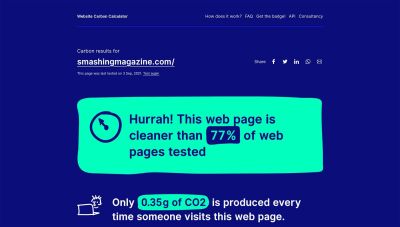 Screenshot of the Website Carbon Calculator, showing that 0.35g of CO2 is produced every time someone visits the Smashing homepage