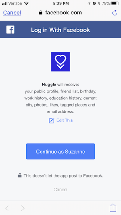 Huggle enables Facebook login.