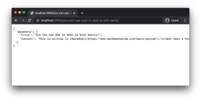 A JSON object displayed in the browser with the title and unprocessed MDX content for the page.