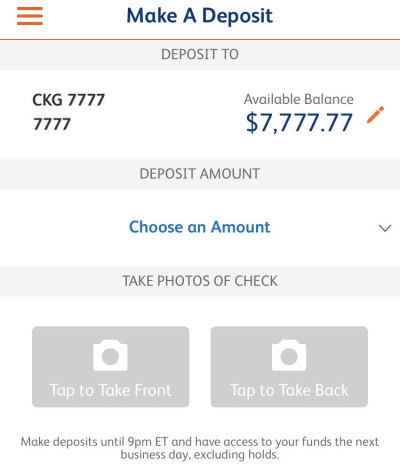 suntrust app check deposit screen