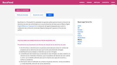BuzzFeed Legal page: Privacy Policy, User Agreement, DMCA (for users in Mexico)
