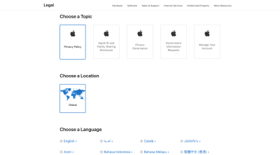 Apple Legal page: Choose a Topic, Choose a Location, Choose a Language