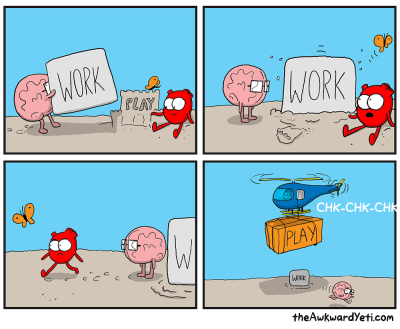 A comic from 'The Awkward Yeti' titled 'Work/Play balance'.