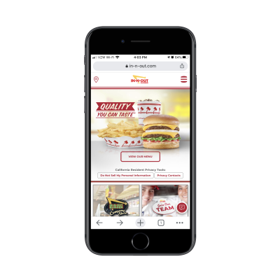 In-N-Out Burger website on mobile