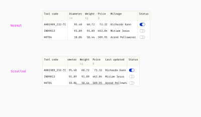 Examples of a horizontal scroll in large tables: with fixed columns and without them